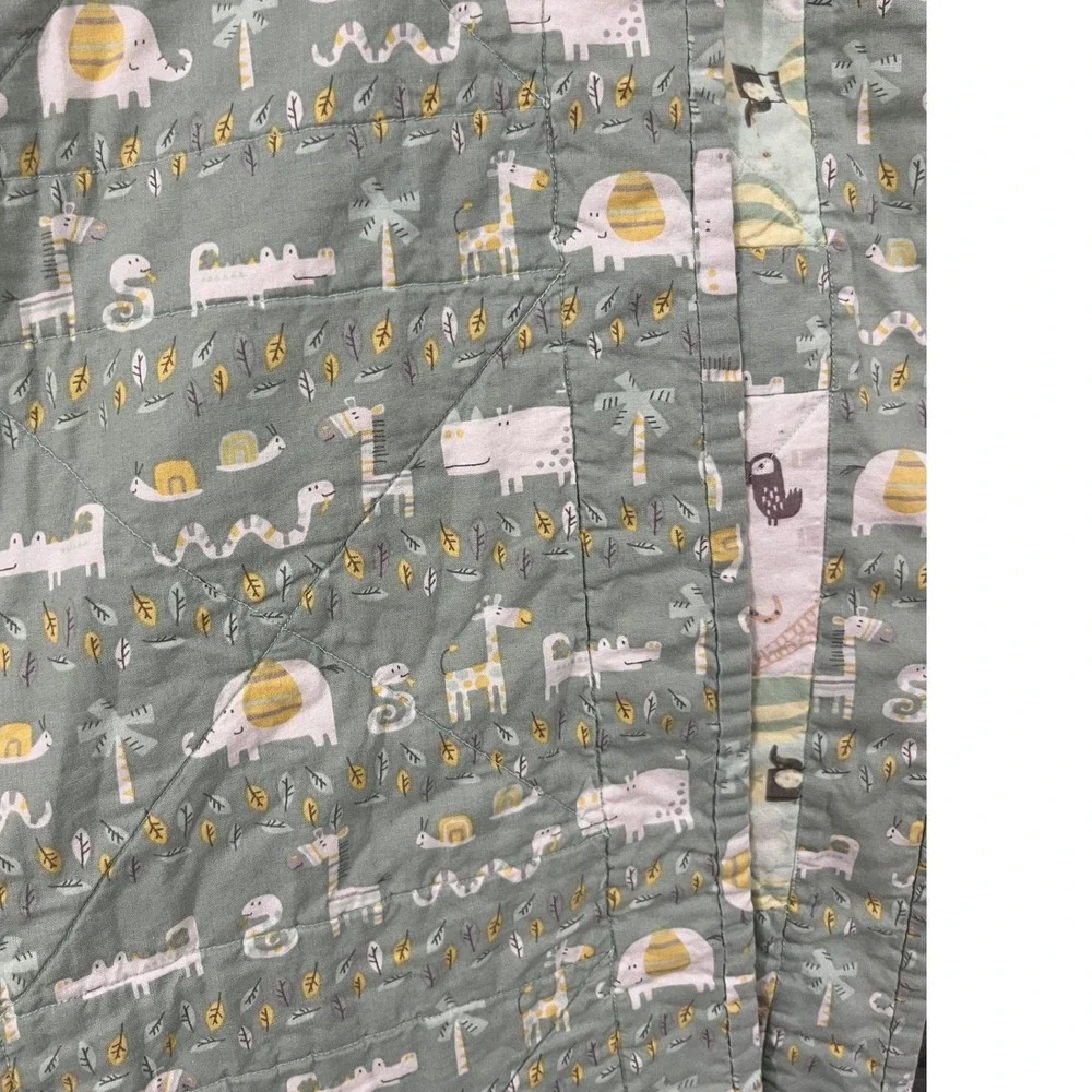 Vintage Baby Quilt 30x40 Safari Jungle Animals Sage Green Nursery Blanket
